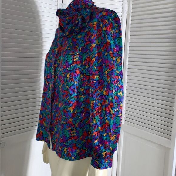 Vintage Colorful Abstract Satin Button Down Bow Tie Blouse Large - Picture 13 of 16